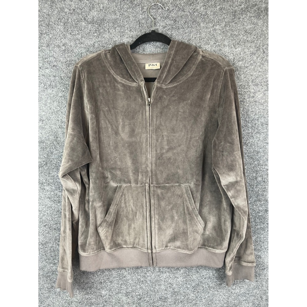 Pact Velour Hoodie Women Large Taupe Brown Excellent Full Zip Organic Cotton